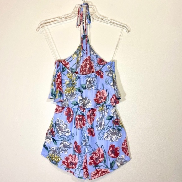 avlux Tiered Romper Floral Palm Print Jumper Halter Tied High Neck Shorts - Picture 8 of 12